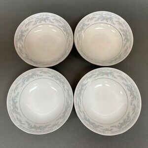 Somerset NL Excel Soup Cereal Bowl Floral White Blue Platinum Trim Lot of 4